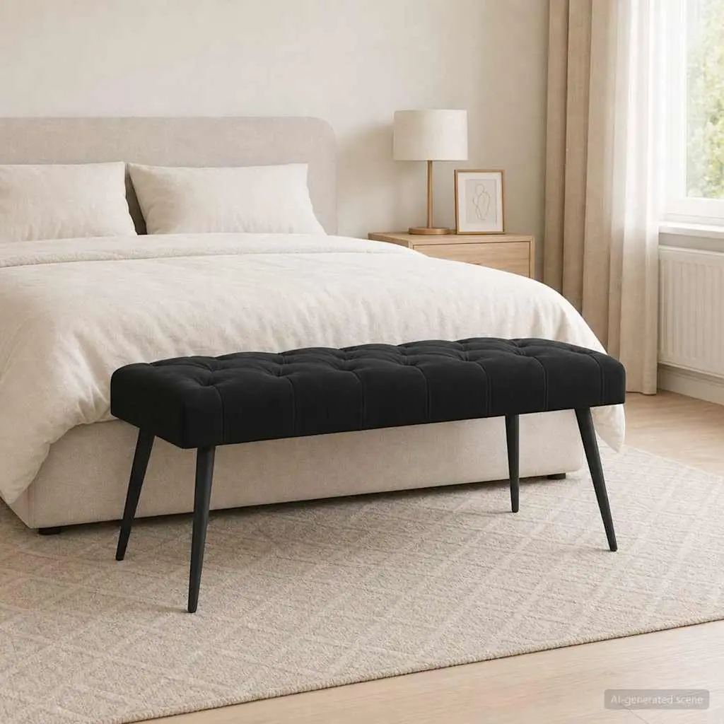 Button Tufted Velvet Bench Black Seat Ottoman Furniture Living Room Bedroom