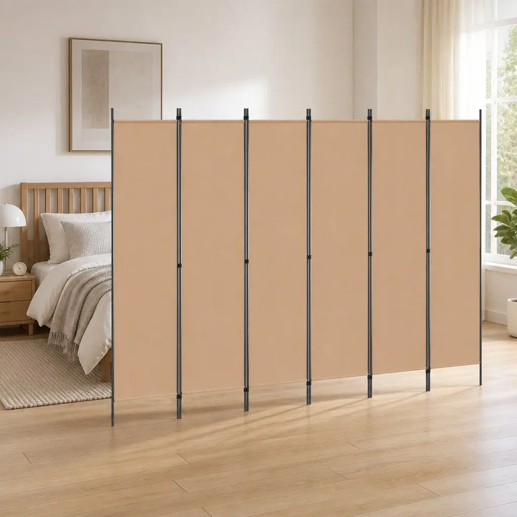 6-Panel Room Divider Beige Fabric Folding Privacy Screen Space Organizer
