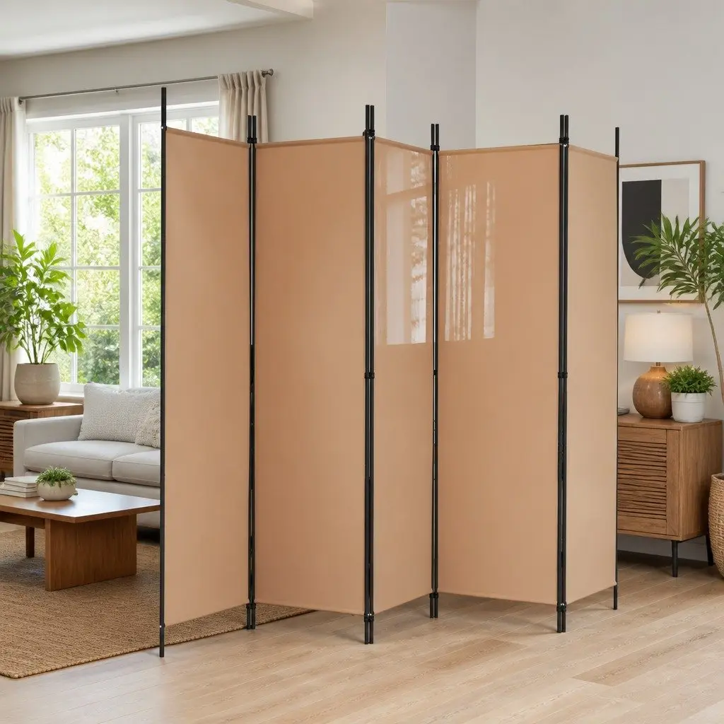 Room Divider 5-Panel Folding Privacy Screen Indoor Beige Fabric Partition Wall