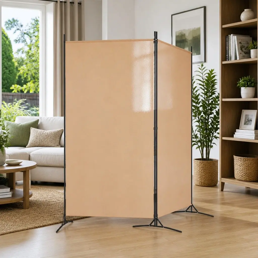 2-Panel Room Divider Folding Privacy Screen Beige Fabric Indoor Space Divider
