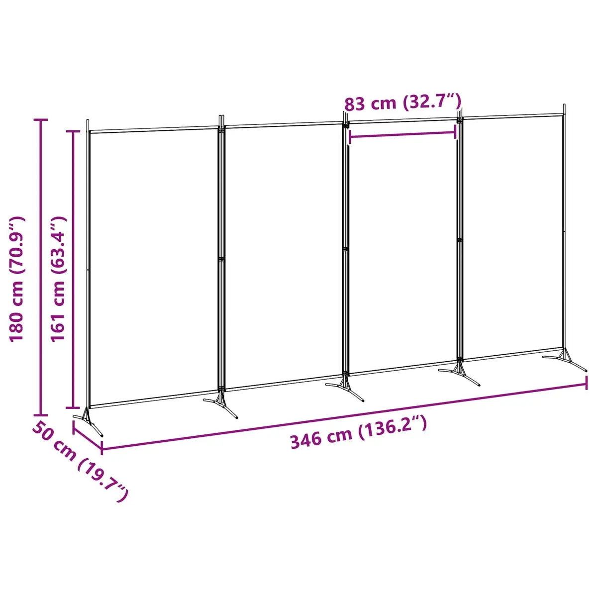 4 Panel Folding Privacy Screen Beige Fabric Room Divider Steel Frame 346x180cm
