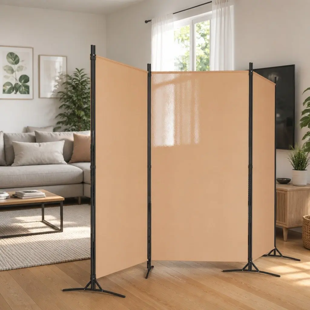 5-Panel Room Divider Beige Foldable Privacy Screen Indoor Space Partition