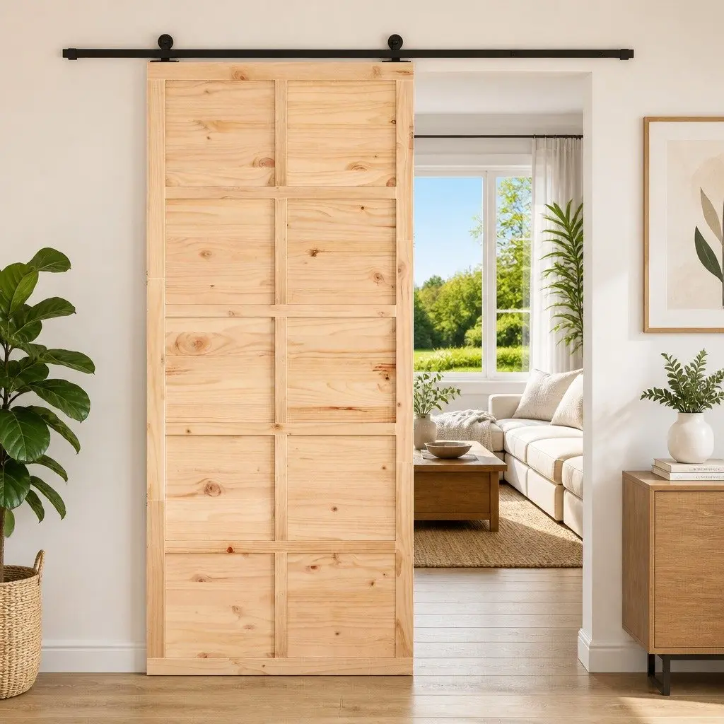 Solid Pine Wood Barn Door Sliding Interior Space-Saving Rustic Natural 100x208cm