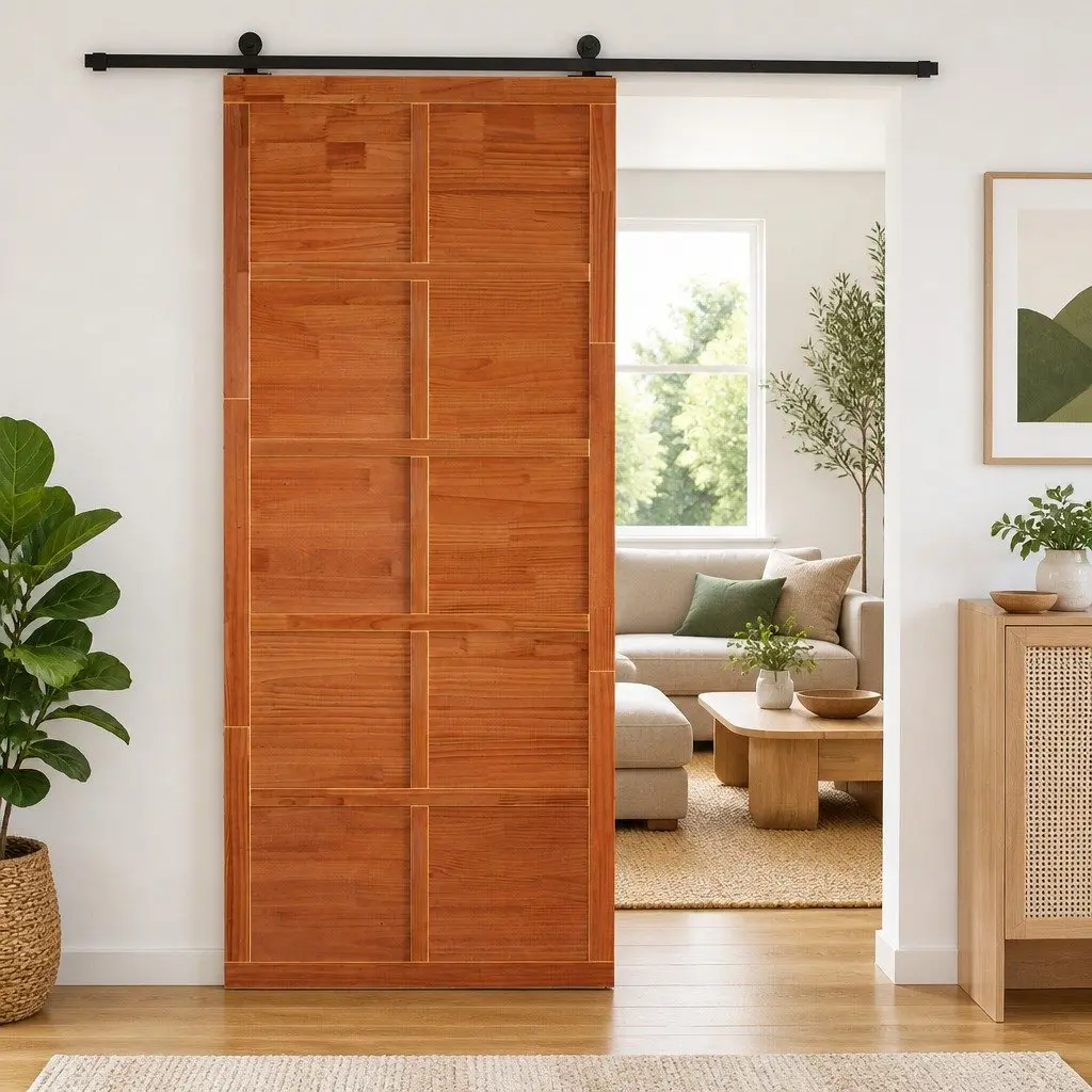 Solid Pine Wood Barn Door Sliding Rustic Brown Interior Space-Saving 80x208cm