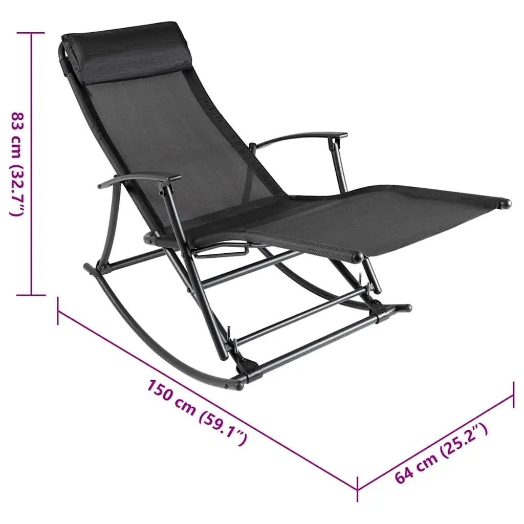 Outdoor Rocking Chair Black Steel Textilene Foldable Adjustable Reclining