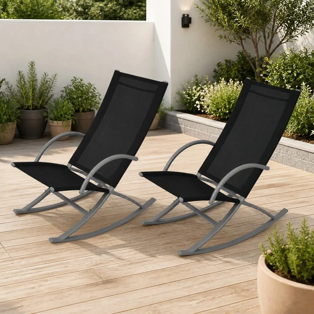 Outdoor Rocking Chairs Black Set of 2 Sturdy Steel Frame Durable Textilene Fabric