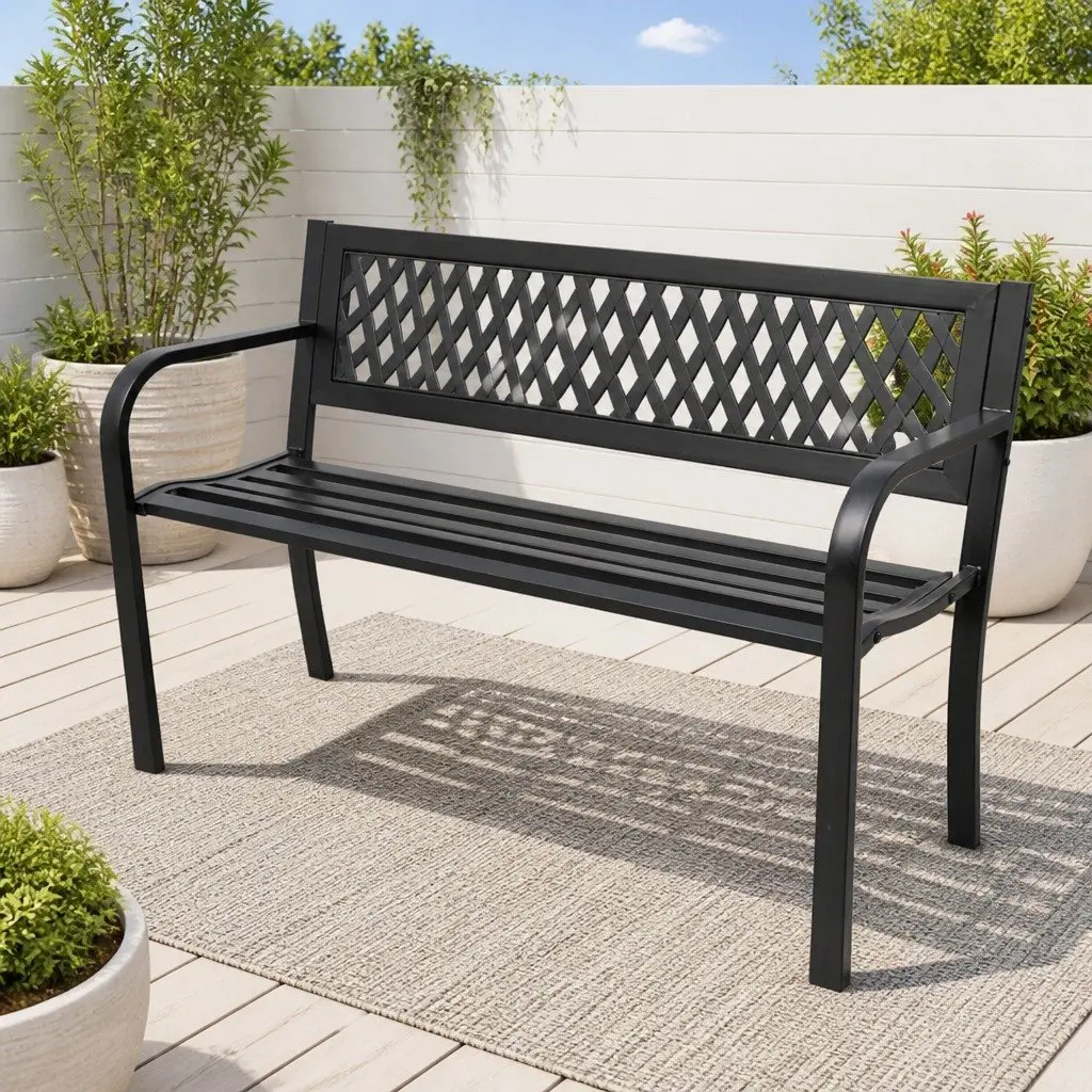 Garden Bench Black 118cm Steel Outdoor Seat Weather-resistant Durable Furniture