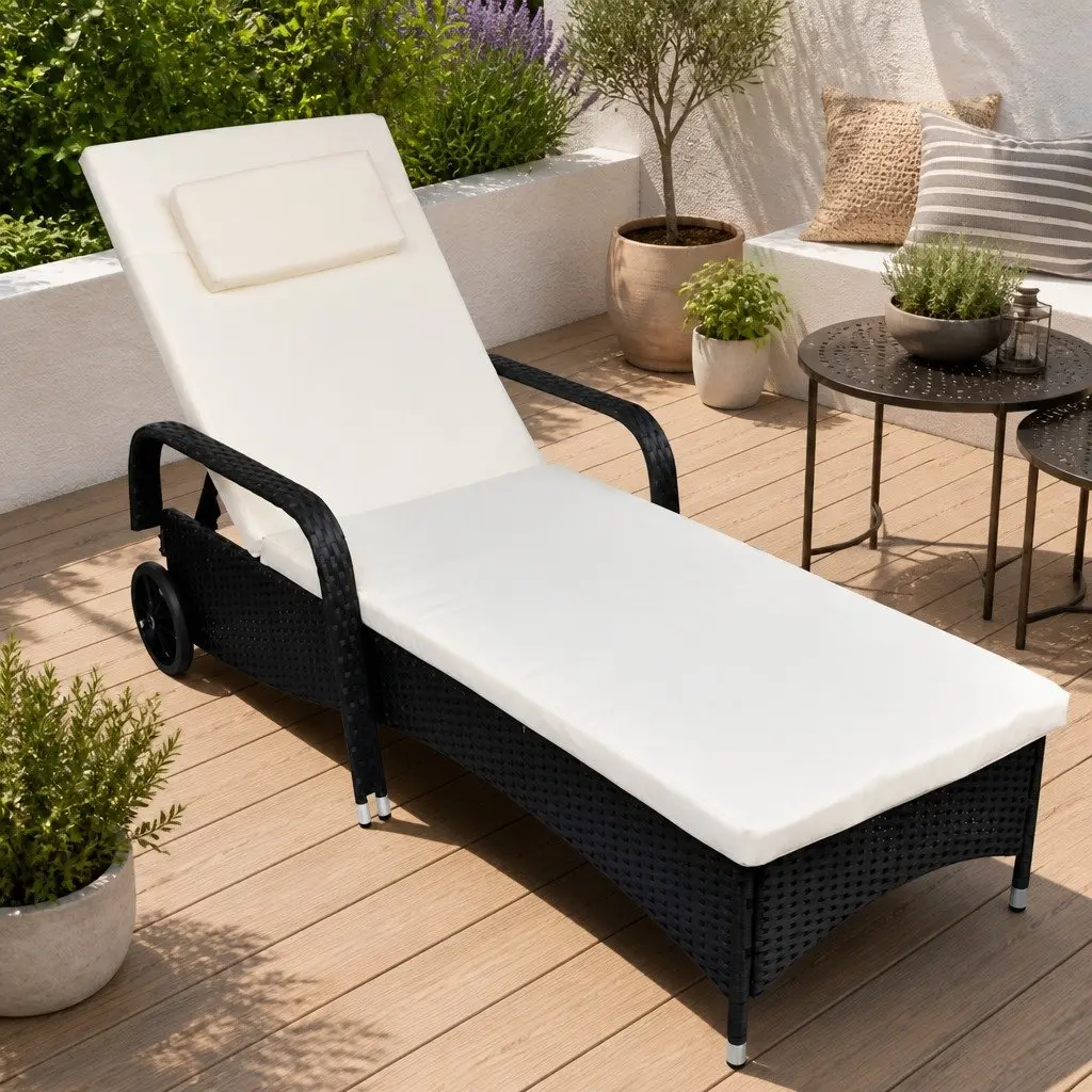 Sun Lounger Black Adjustable Backrest Outdoor Garden Recliner with Cushion and Wheels