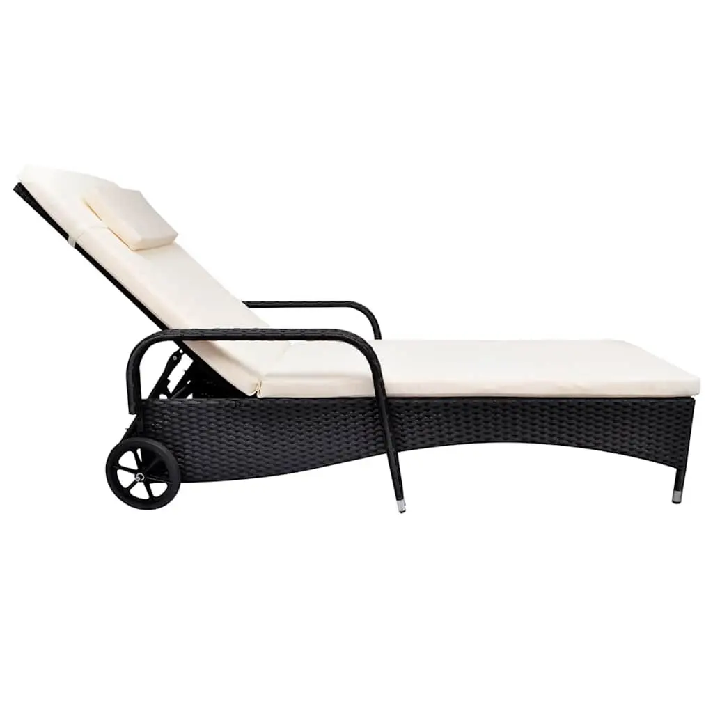 Sun Lounger Black Adjustable Backrest Outdoor Garden Recliner with Cushion and Wheels
