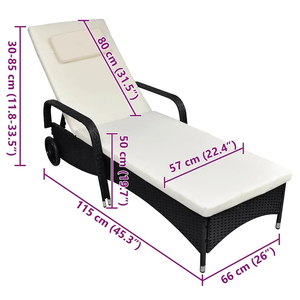 Sun Lounger Black Adjustable Backrest Outdoor Garden Recliner with Cushion and Wheels