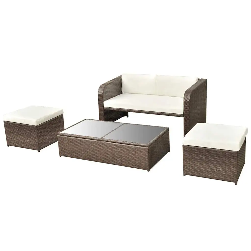 4 Piece Garden Lounge Set Brown Poly Rattan Sofa Coffee Table Stools