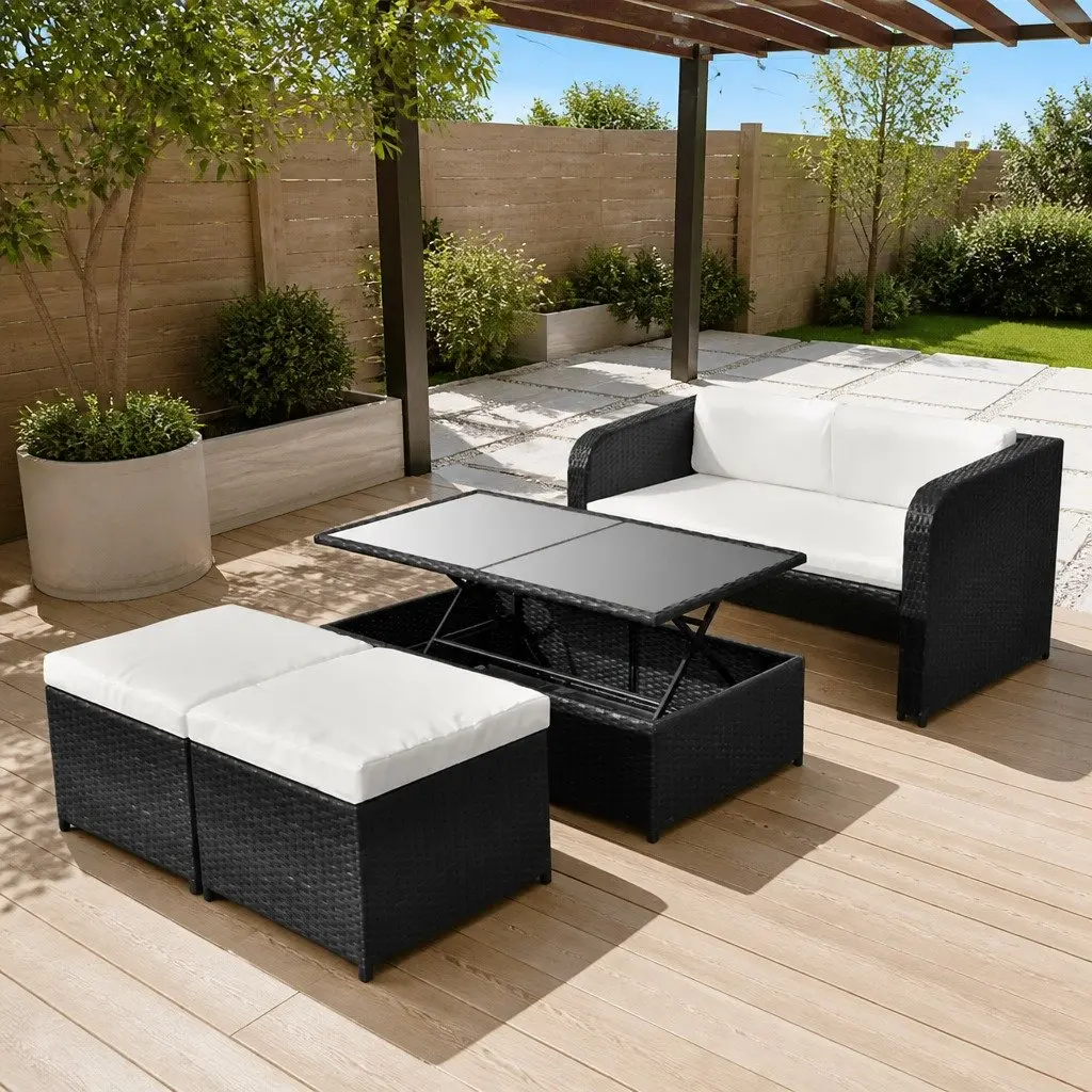Garden Lounge Set Black 4 Piece Outdoor Furniture Sofa Coffee Table Stools Cushions