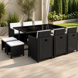 Outdoor Dining Set 11 Piece Poly Rattan Garden Furniture with Cushions Black