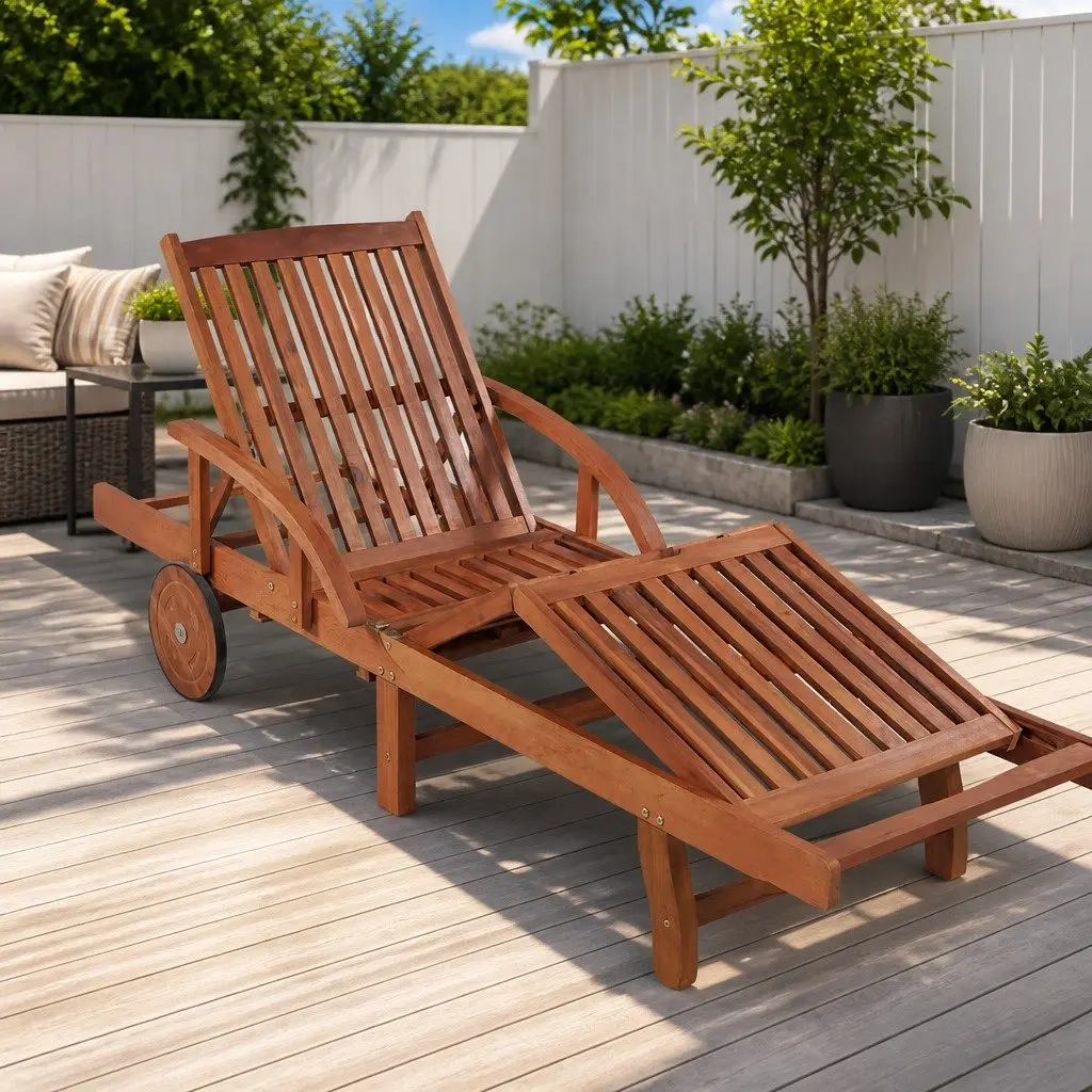 Sun Lounger Brown Adjustable Backrest with Wheels Outdoor Garden Chaise Lounge Chair