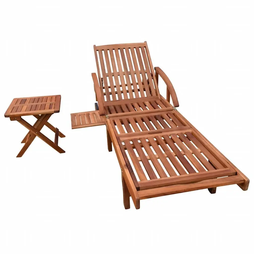 Sun Lounger with Side Table Solid Acacia Wood Outdoor Chaise Lounge Garden Patio