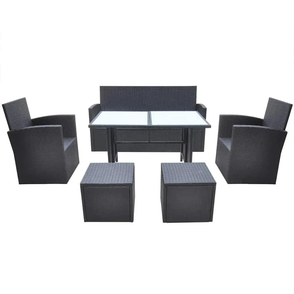 Outdoor Dining Set Black 6 Piece Weather Resistant Poly Rattan Garden Furniture Patio Table Sofa Chair