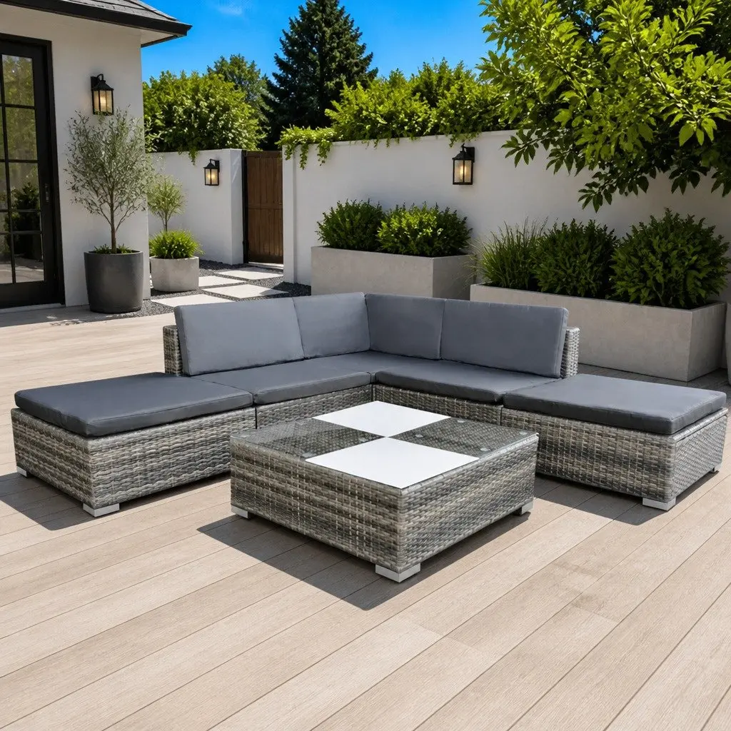 Garden Lounge Set 6 Piece Outdoor Rattan Sofa Patio Furniture Grey with Cushions