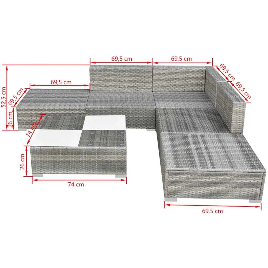 Garden Lounge Set 6 Piece Outdoor Rattan Sofa Patio Furniture Grey with Cushions