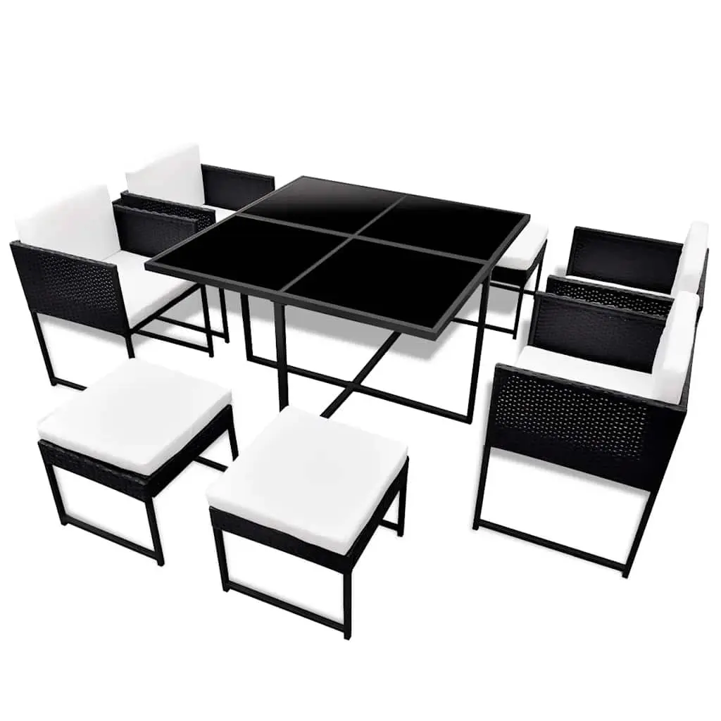 Outdoor Dining Set Black 9 Piece Rattan Garden Furniture Table Chairs Stools Cushions