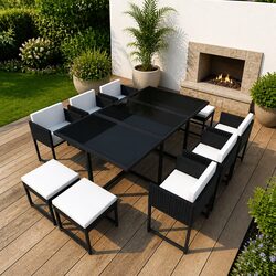 Outdoor Dining Set 11 Piece Rattan Garden Furniture Table Chairs Stools Cushions