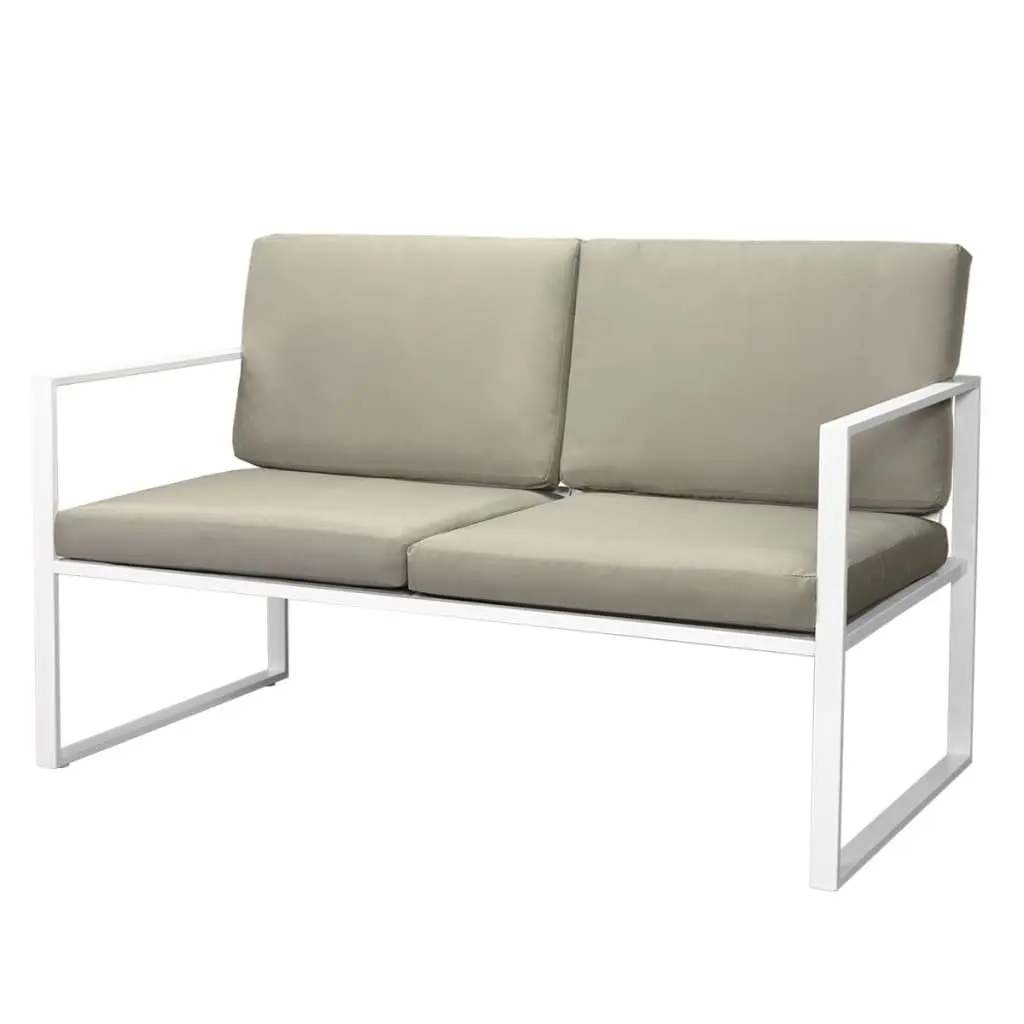 4 Piece White Outdoor Lounge Set with Sofa Chairs Coffee Table and Cushions