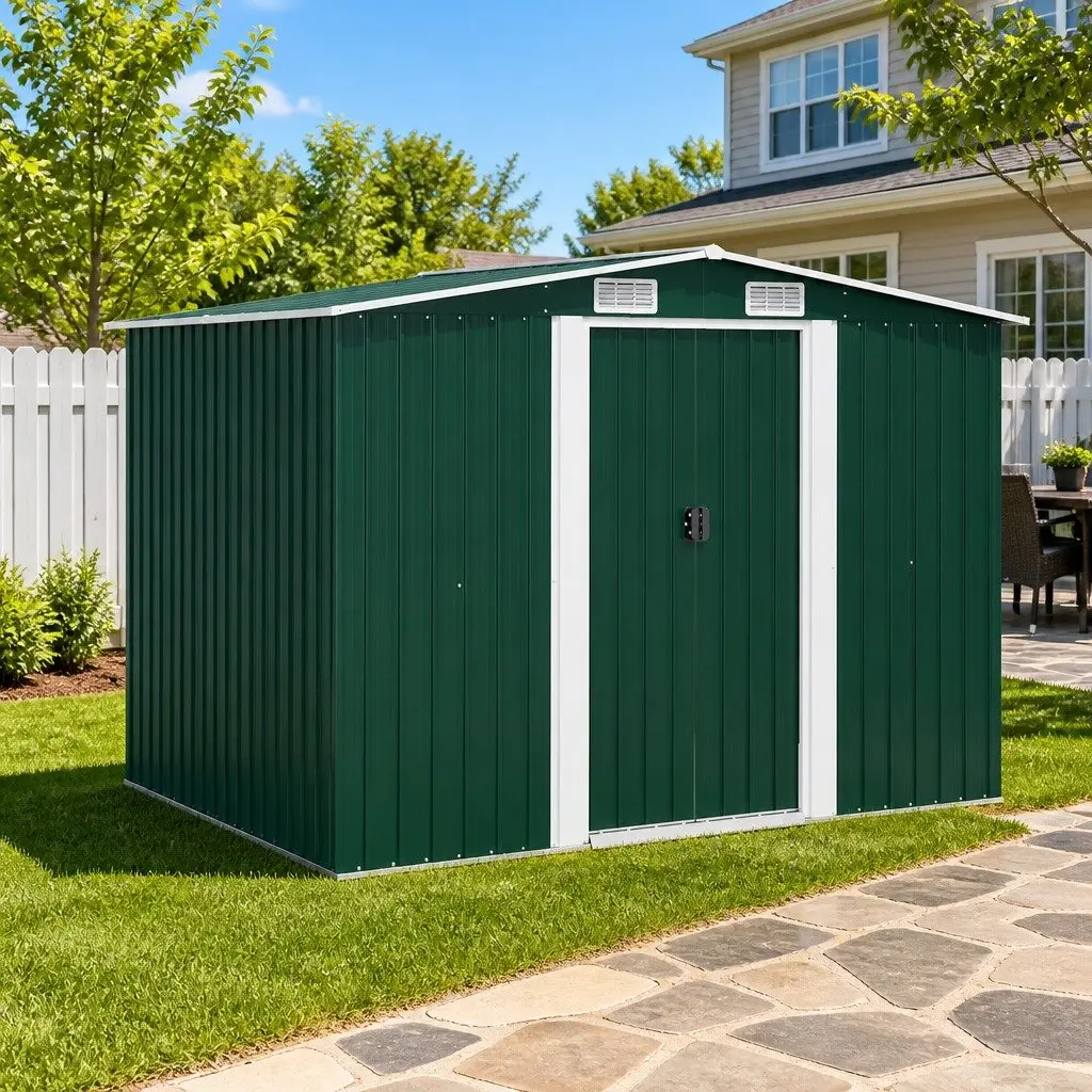 Metal Storage Shed Green Outdoor with Double Sliding Doors High Ventilation