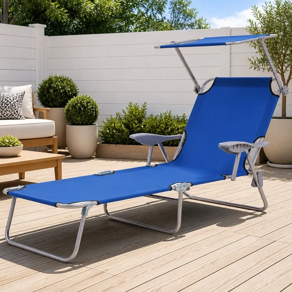 Foldable Sun Lounger Blue Adjustable Canopy Steel Frame Outdoor Beach Chair