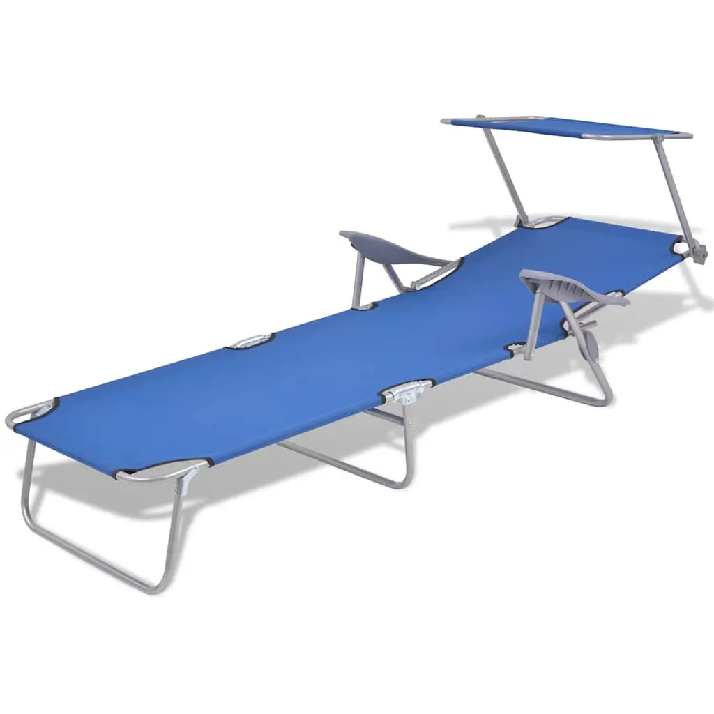 Foldable Sun Lounger Blue Adjustable Canopy Steel Frame Outdoor Beach Chair