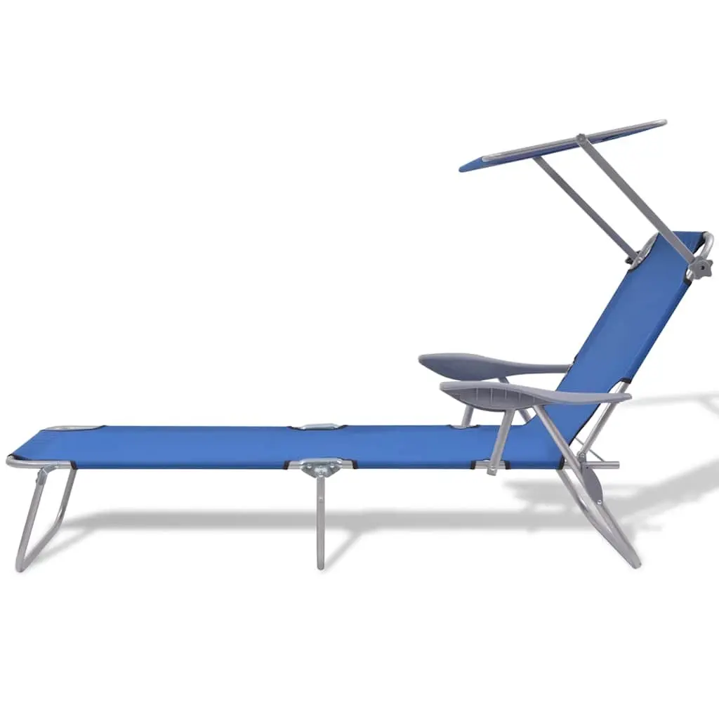 Foldable Sun Lounger Blue Adjustable Canopy Steel Frame Outdoor Beach Chair