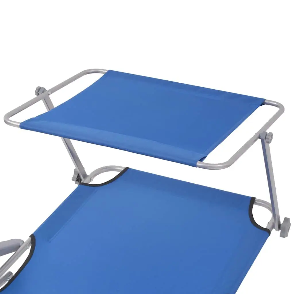 Foldable Sun Lounger Blue Adjustable Canopy Steel Frame Outdoor Beach Chair