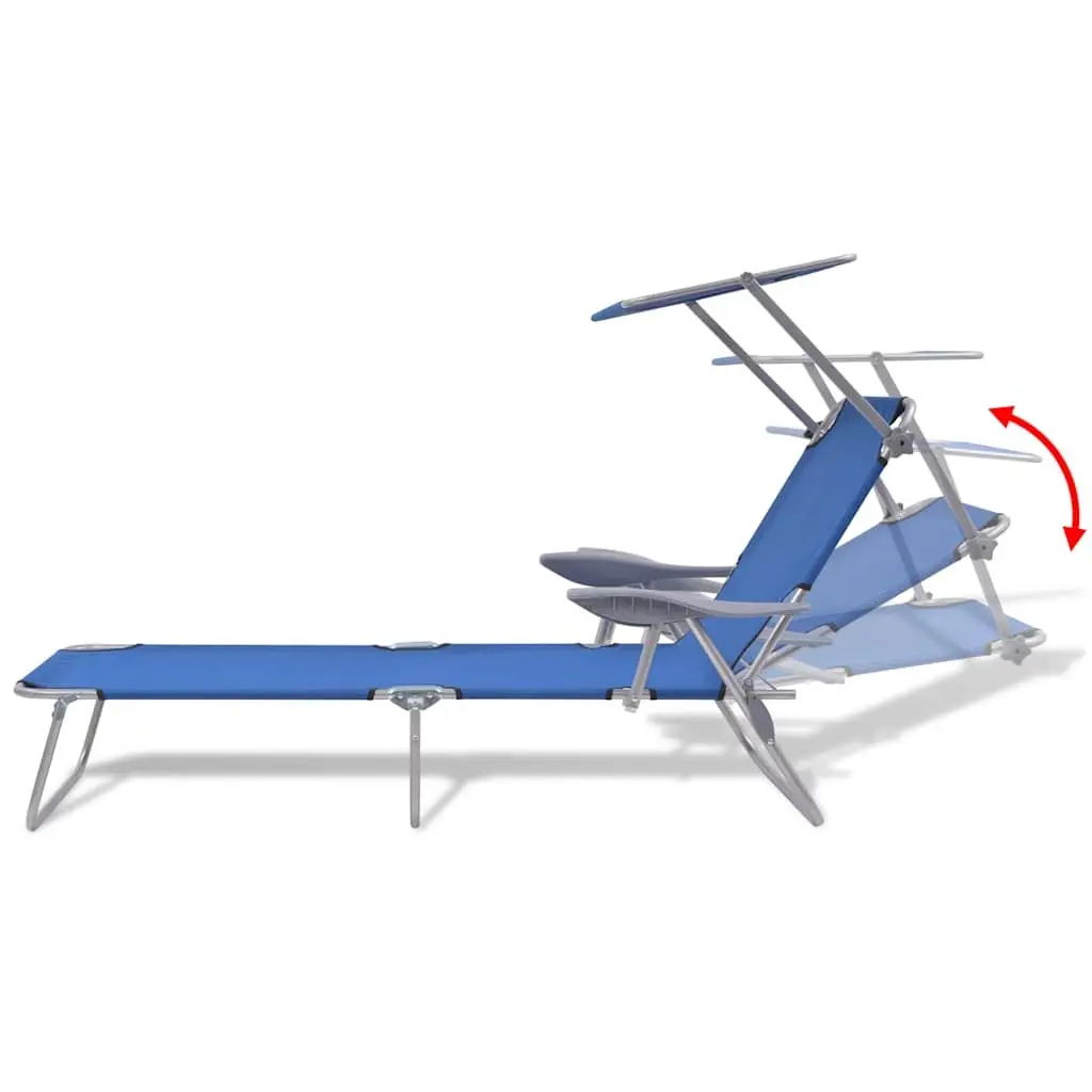 Foldable Sun Lounger Blue Adjustable Canopy Steel Frame Outdoor Beach Chair