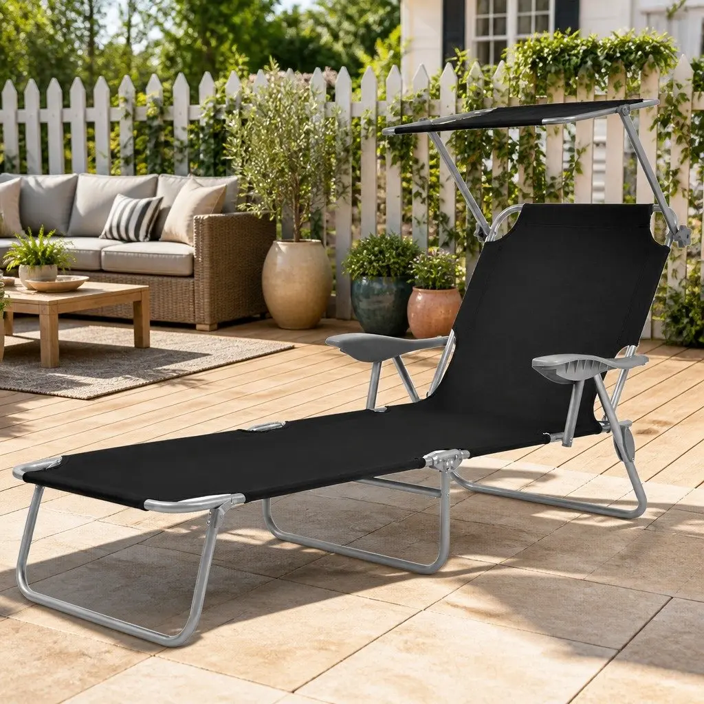 Foldable Sun Lounger with Adjustable Canopy Outdoor Beach Bed Lounge Chair Black