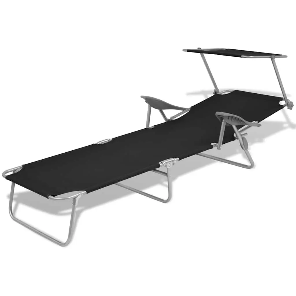 Foldable Sun Lounger with Adjustable Canopy Outdoor Beach Bed Lounge Chair Black