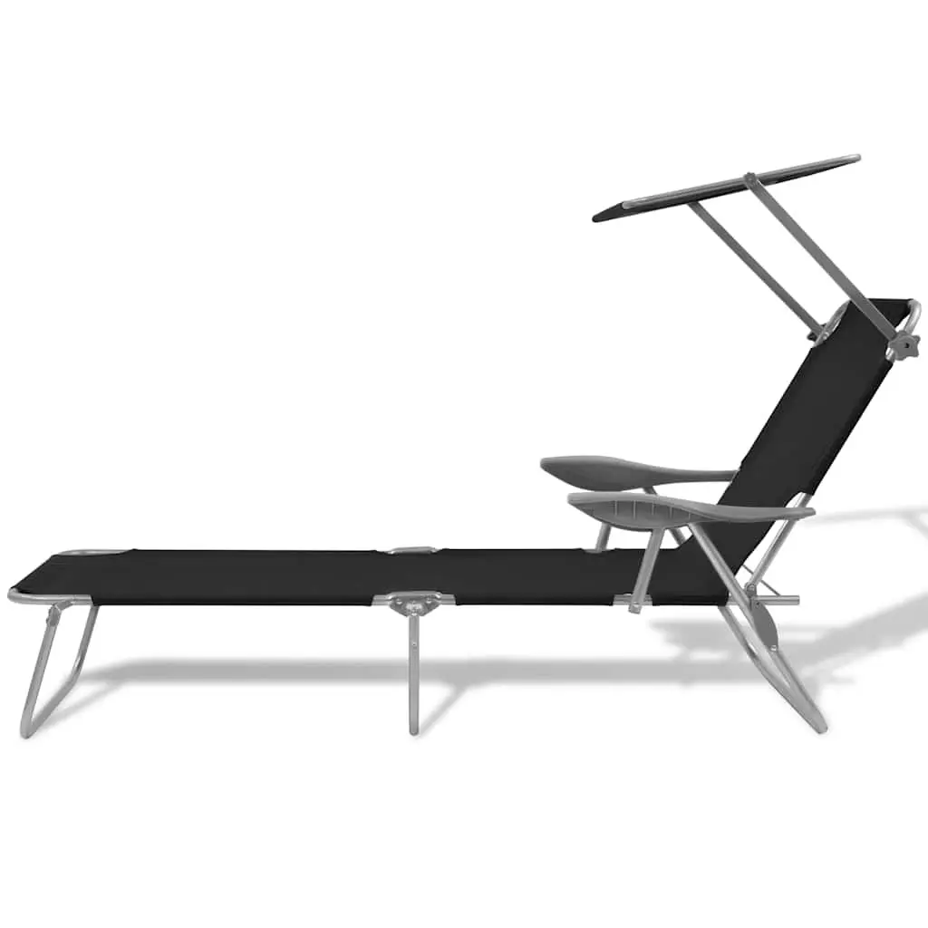 Foldable Sun Lounger with Adjustable Canopy Outdoor Beach Bed Lounge Chair Black