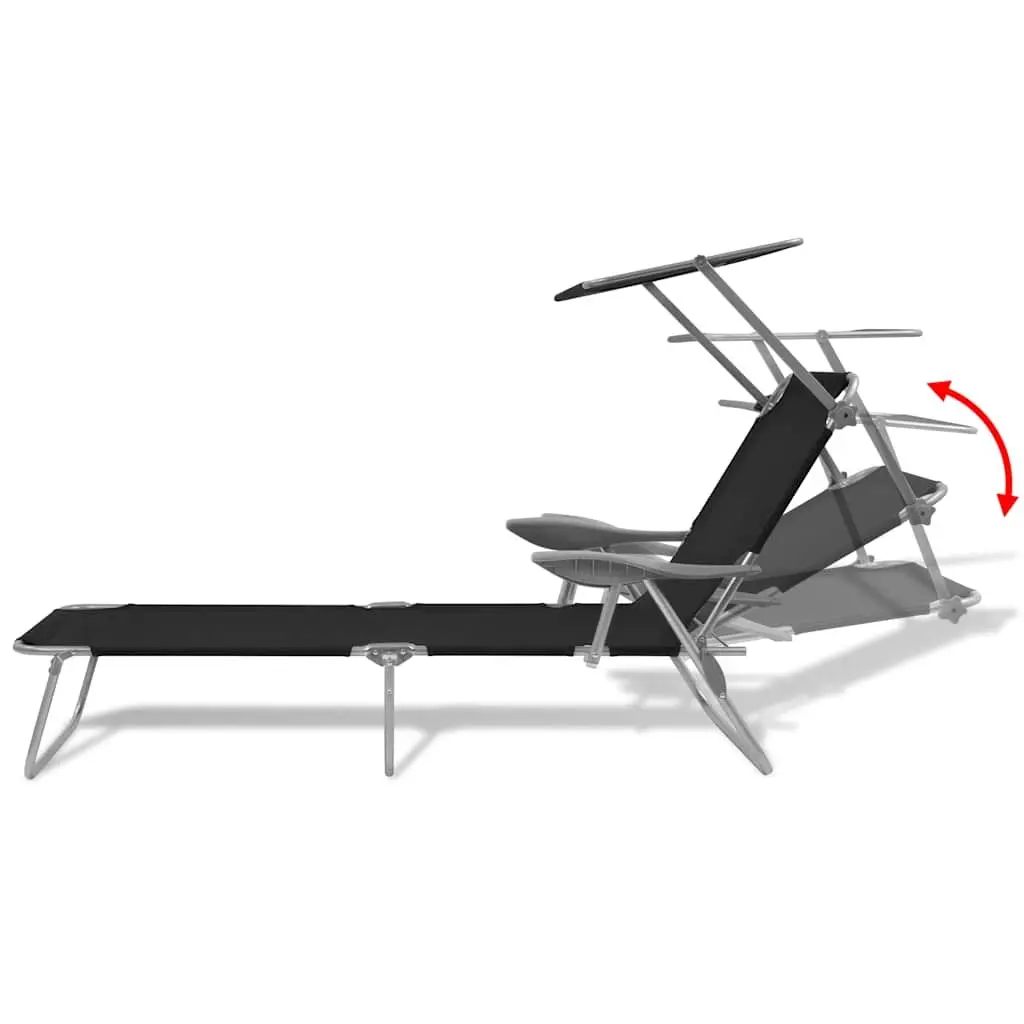 Foldable Sun Lounger with Adjustable Canopy Outdoor Beach Bed Lounge Chair Black