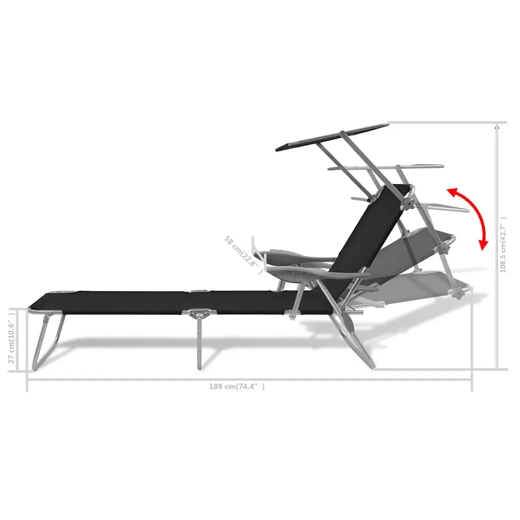 Foldable Sun Lounger with Adjustable Canopy Outdoor Beach Bed Lounge Chair Black