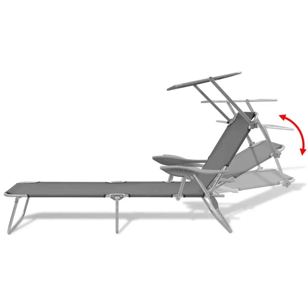 Sun Lounger with Adjustable Canopy Foldable Beach Lounge Chair Grey Outdoor