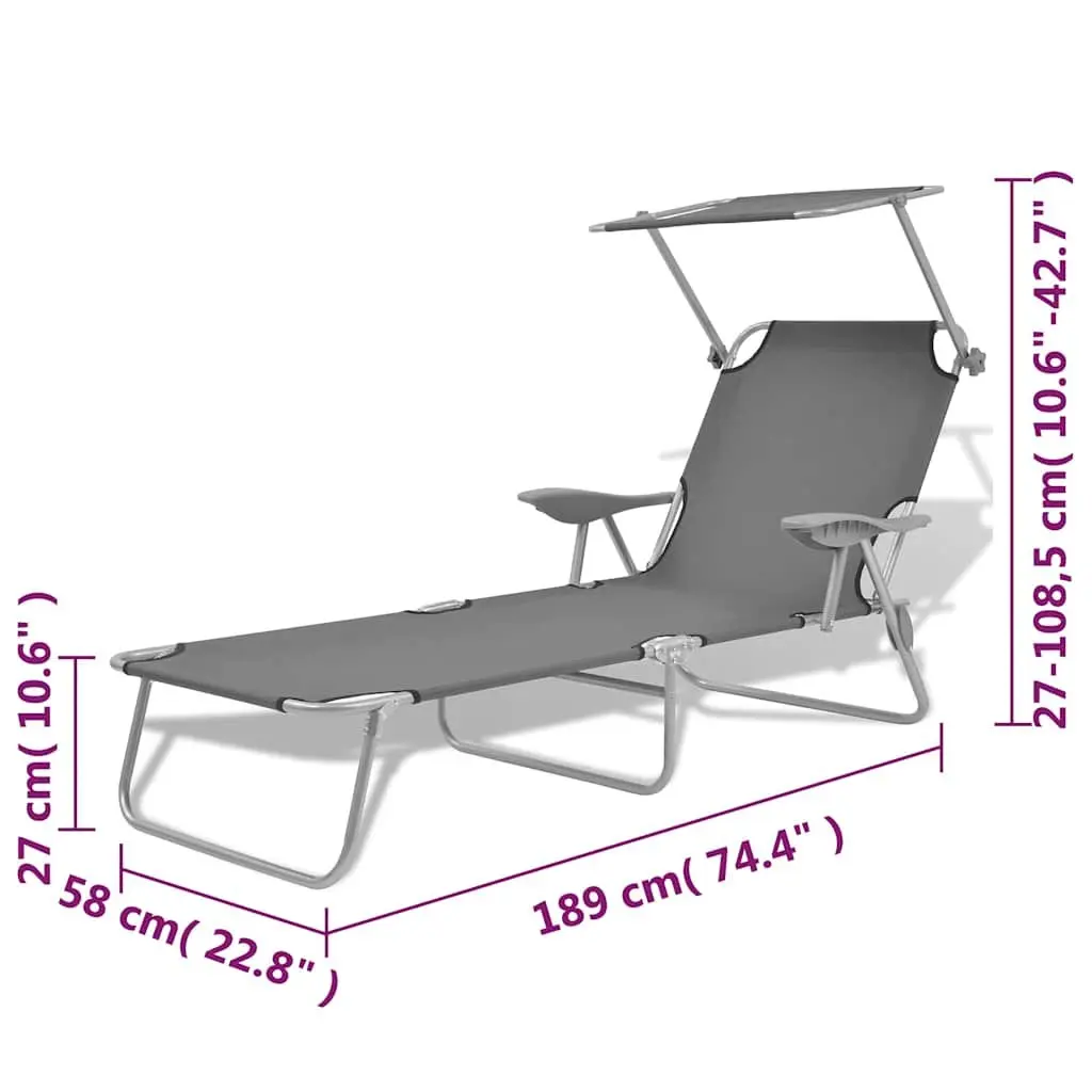 Sun Lounger with Adjustable Canopy Foldable Beach Lounge Chair Grey Outdoor