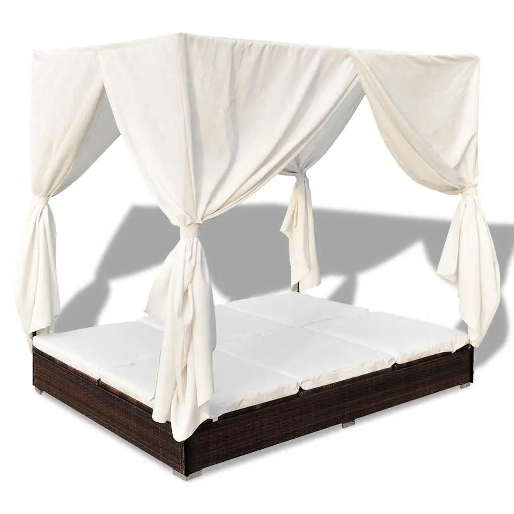 Outdoor Lounge Bed Brown 2 Person Adjustable Lounger with Curtains