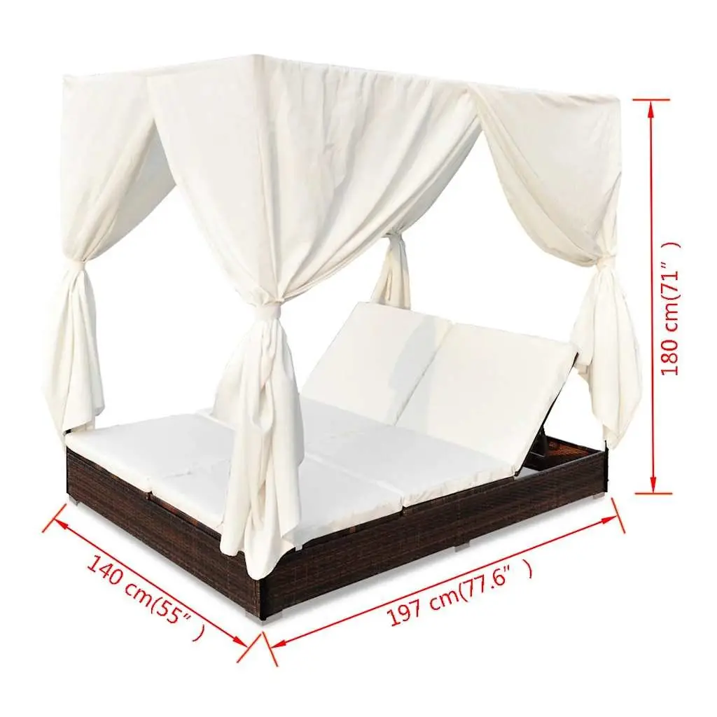 Outdoor Lounge Bed Brown 2 Person Adjustable Lounger with Curtains