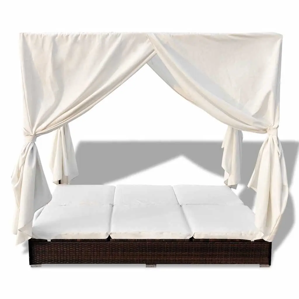Outdoor Lounge Bed Brown 2 Person Adjustable Lounger with Curtains