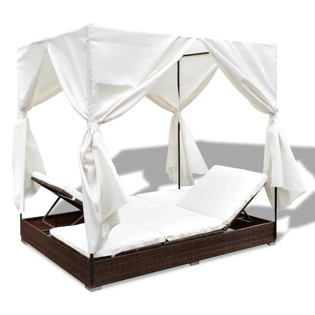 Outdoor Lounge Bed Brown 2 Person Adjustable Lounger with Curtains