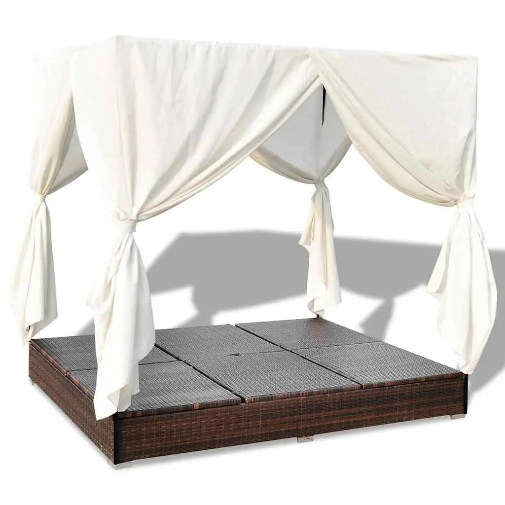 Outdoor Lounge Bed Brown 2 Person Adjustable Lounger with Curtains