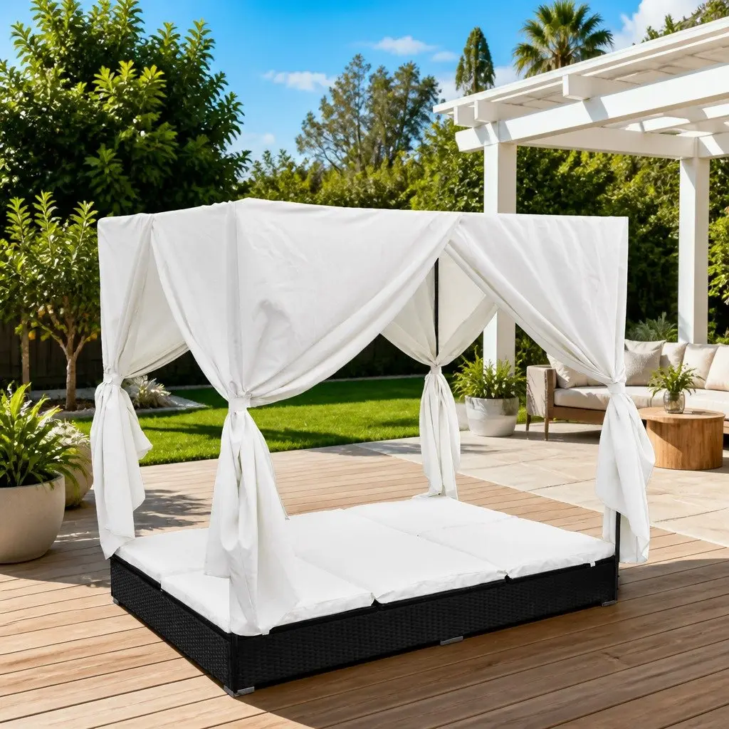 Outdoor Lounge Bed Black for 2 Adjustable 7 Position with Curtains PE Rattan Daybed Sun Lounger Frame