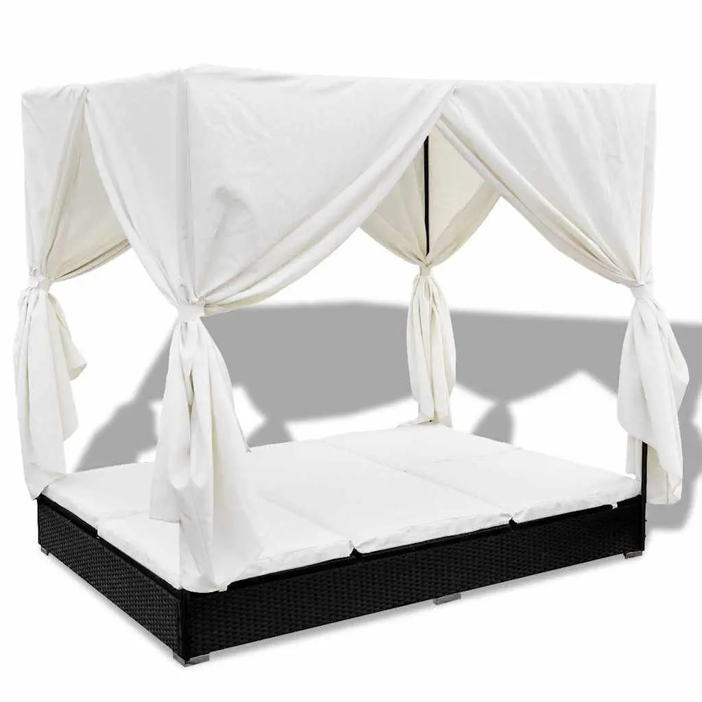 Outdoor Lounge Bed Black for 2 Adjustable 7 Position with Curtains PE Rattan Daybed Sun Lounger Frame