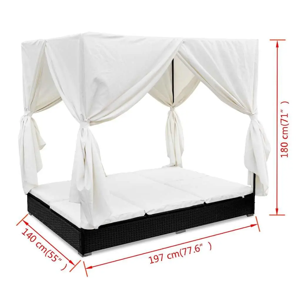 Outdoor Lounge Bed Black for 2 Adjustable 7 Position with Curtains PE Rattan Daybed Sun Lounger Frame