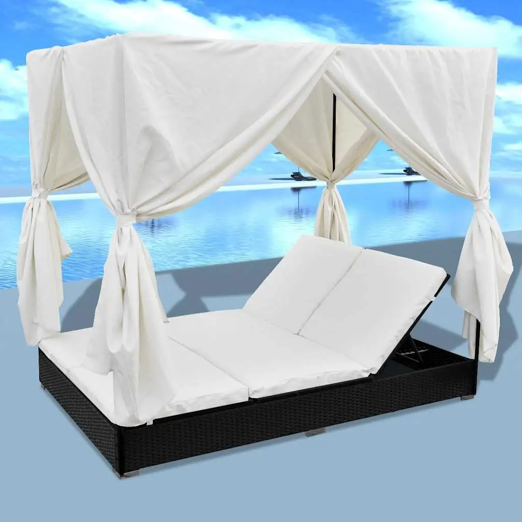 Outdoor Lounge Bed Black for 2 Adjustable 7 Position with Curtains PE Rattan Daybed Sun Lounger Frame