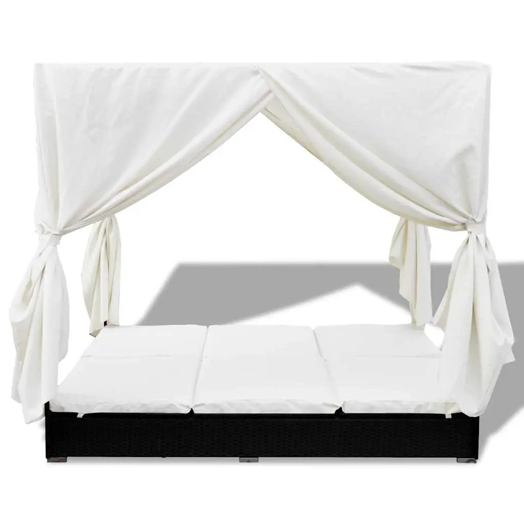 Outdoor Lounge Bed Black for 2 Adjustable 7 Position with Curtains PE Rattan Daybed Sun Lounger Frame
