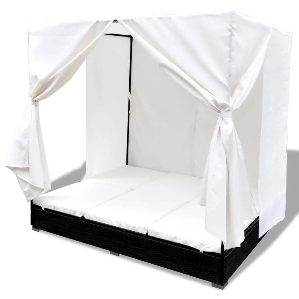 Outdoor Lounge Bed Black for 2 Adjustable 7 Position with Curtains PE Rattan Daybed Sun Lounger Frame