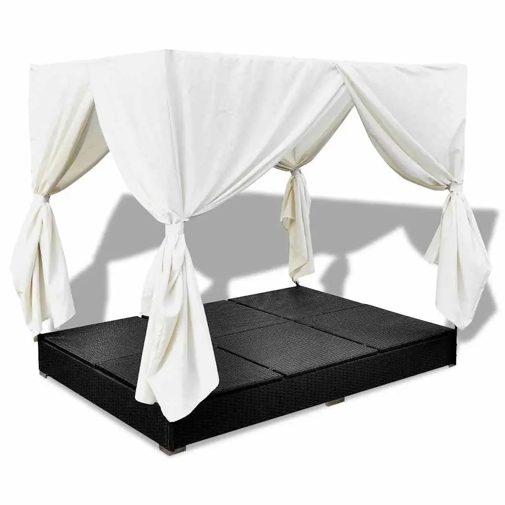 Outdoor Lounge Bed Black for 2 Adjustable 7 Position with Curtains PE Rattan Daybed Sun Lounger Frame